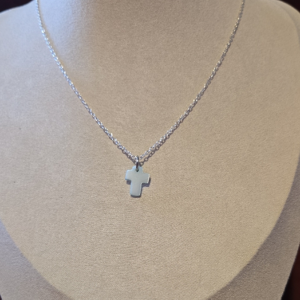 Vintage Dainty Blue Shell Cross Pendant Necklace- Religious